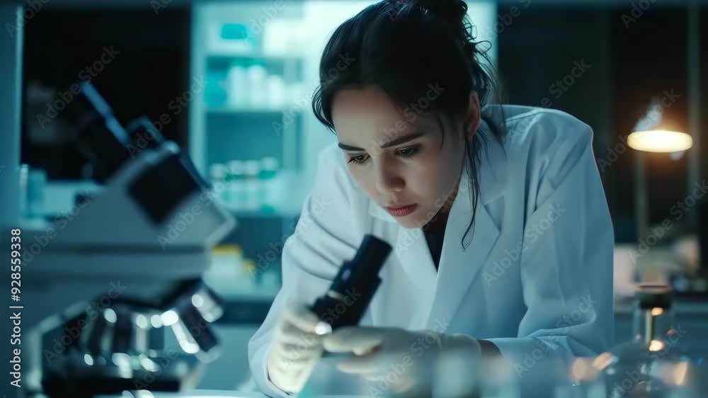 Young Asian female scientist intensely examines a sample through a microscope in a well-lit modern laboratory. She wears a white lab coat and has dark hair tied back. Lab equipment surrounds her, and Young Asian female scientist intensely examines a sample through a microscope in a well-lit modern laboratory. She wears a white lab coat and has dark hair tied back. Lab equipment surrounds her, and
