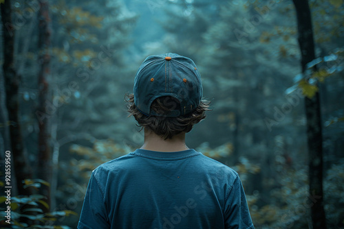 Fototapeta Naklejka Na Ścianę i Meble -  Homeless poor sad child kid in city park ruined town forest lawn all alone, Generative AI lost child