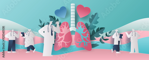 Doctors examining lungs healthcare concept papercut style. Medical professionals with stethoscopes analyzing lungs with heart symbols and foliage background