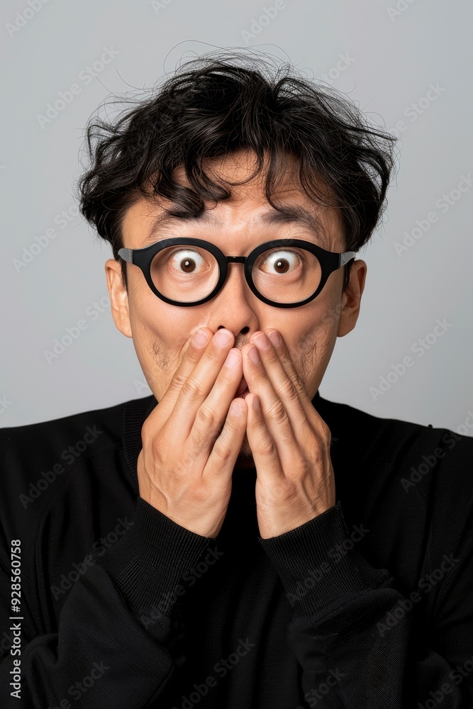 A Young Chinese Man Shocked, Covering His Mouth With His Hands A Young Chinese Man Shocked, Covering His Mouth With His Hands