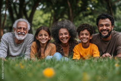 Happy multigenerational people having fun sitting on grass in a public park, Generative AI photo