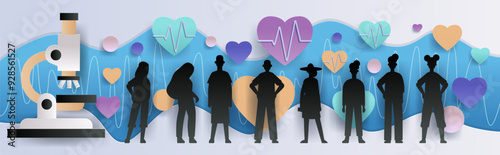 Microscope and diverse silhouettes healthcare concept with heart shapes and ECG lines in background colorful paper cut style