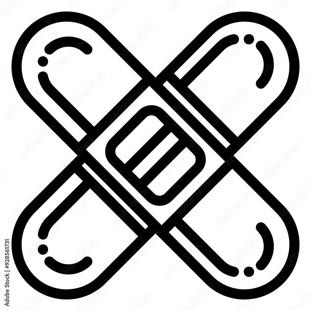 Medical plaster icon, illustration of a crossed medical patch in line style suitable for infographics and application buttons about wound first aid, health, and wound healing. Medical plaster icon, illustration of a crossed medical patch in line style suitable for infographics and application buttons about wound first aid, health, and wound healing.