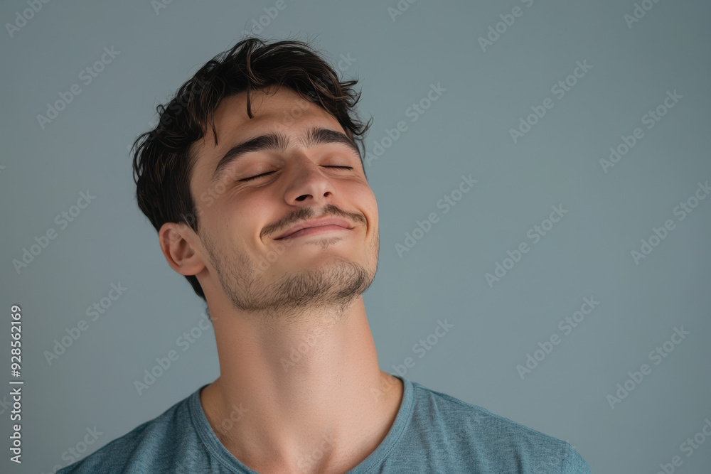 A close up of a man's face with his eyes closed