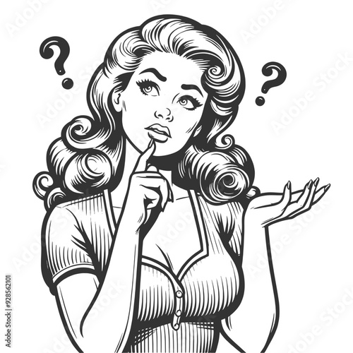 woman with dilemma confusion or uncertainty, question mark above her head sketch engraving generative ai fictional character vector illustration. Scratch board imitation. Black and white image.
