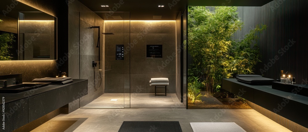 Modern Bathroom with Glass Shower Enclosure and Outdoor Garden View Modern Bathroom with Glass Shower Enclosure and Outdoor Garden View