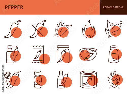 Vector red icons hot chili peppers. Ketchup bottle, canned vegetables, sauce pan. Cayenne jalapeno habanero poblano pepper, whole and sliced. Editable stroke thin line color set.