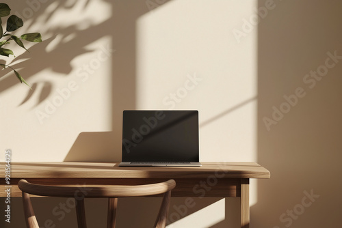 Aesthetic home workspace with laptop on wooden desk. Generative AI