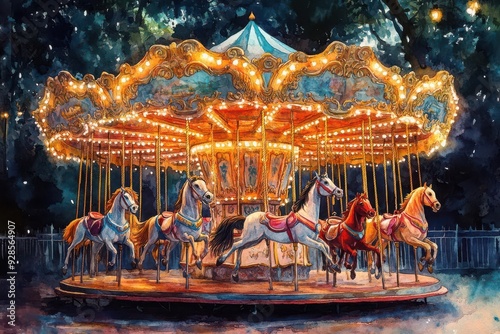 A classic, handdrawn carousel with colorful horses and lights, captured in a lighthearted, whimsical watercolor palette