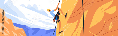 Rock climber scaling cliff face with safety gear and helmet against a mountainous landscape background bright colors and dynamic lines outdoor adventure concept