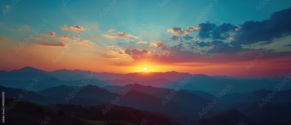Majestic Sunset over Mountain Silhouette - Serene Landscape Photography with Clouds, Ideal for Travel Journals Majestic Sunset over Mountain Silhouette - Serene Landscape Photography with Clouds, Ideal for Travel Journals
