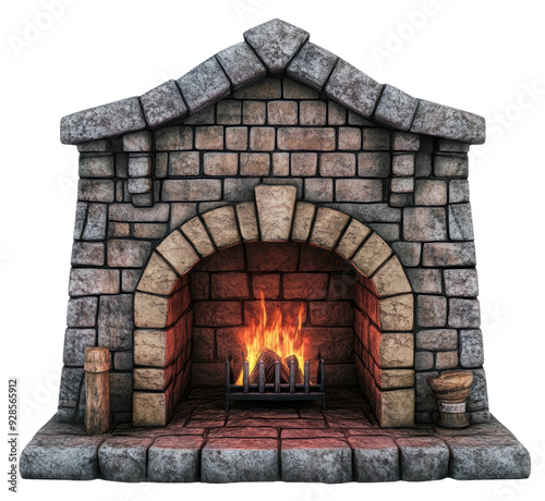 Rustic stone fireplace with glowing firewood, cut out - stock png.