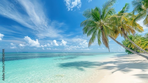 A serene beach scene with palm trees and clear turquoise waters under a blue sky.