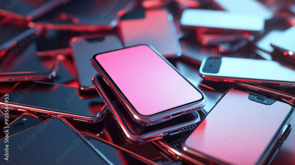 A pile of cell phones, The scene is full of vitality with strong lighting effects A pile of cell phones, The scene is full of vitality with strong lighting effects