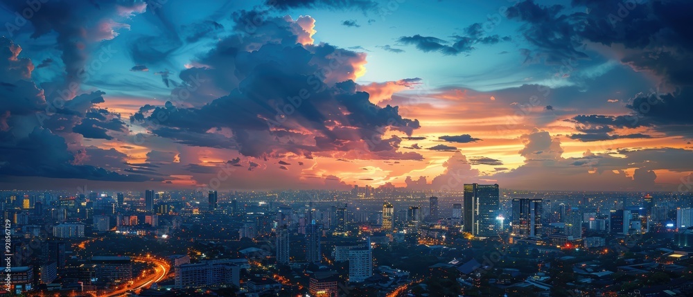 Fototapeta premium Cityscape Twilight: Urban Skyline with Vibrant City Lights and Dramatic Clouds, Perfect for Nightlife Photography