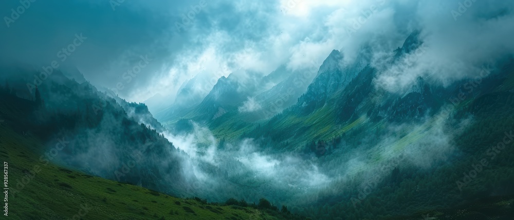 Obraz premium Majestic Overcast Mountain Landscape with Rolling Clouds - Perfect Adventure Photography Background