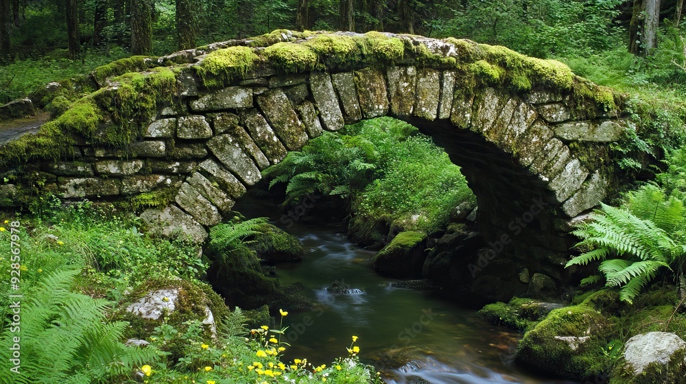 Ancient Stone Bridge Covered in Moss Arching Over a Bubbling Stream, with Ferns and Wildflowers Growing Along the Banks. AI generated illustration Ancient Stone Bridge Covered in Moss Arching Over a Bubbling Stream, with Ferns and Wildflowers Growing Along the Banks. AI generated illustration