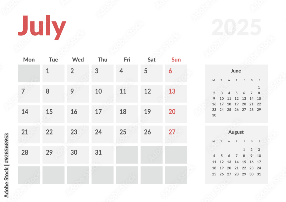 Monthly page Calendar Planner Templates of July 2025. Vector layout of simple calendar with week start Monday for print. Page for size A4 or 21x29.7 cm Monthly page Calendar Planner Templates of July 2025. Vector layout of simple calendar with week start Monday for print. Page for size A4 or 21x29.7 cm