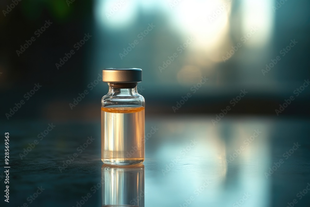 Glass Medical Vial with Label on Desk Glass Medical Vial with Label on Desk
