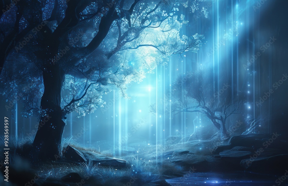 Fototapeta premium A blue forest featuring a stream and trees.