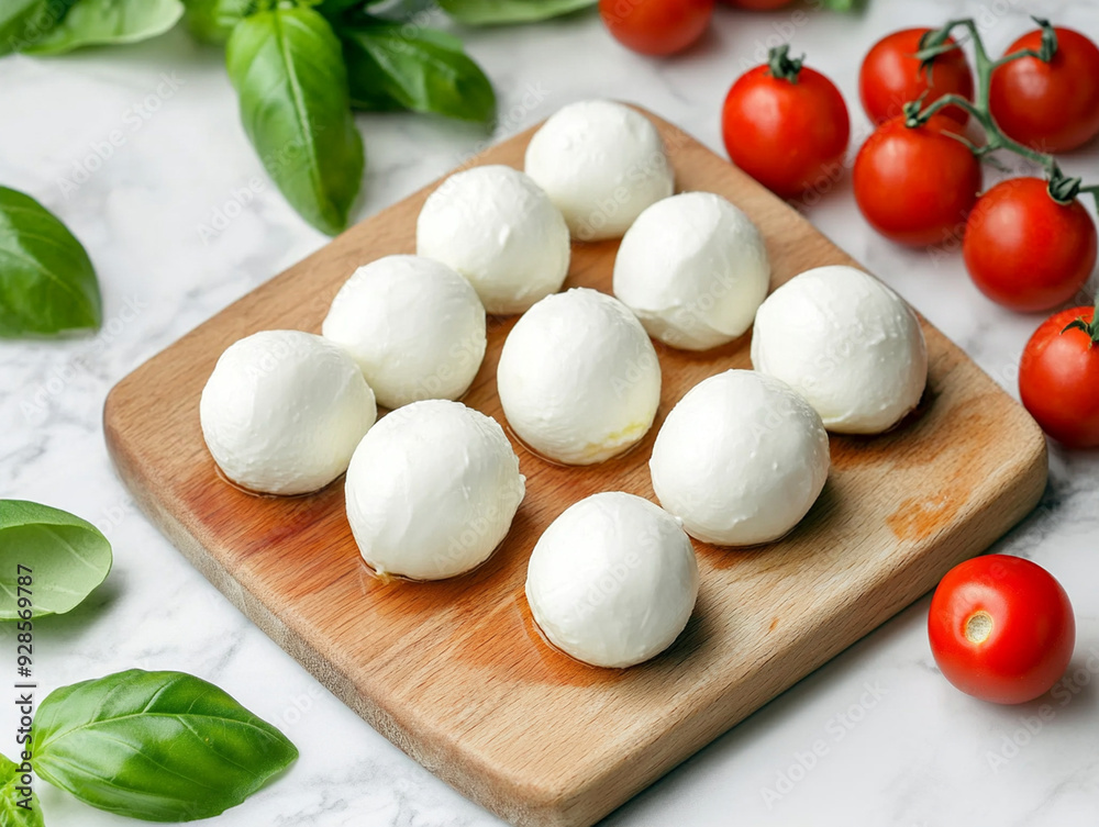 Fresh mozzarella with cherry tomatoes and basil on a board in the kitchen, fresh herbs. Fresh mozzarella with cherry tomatoes and basil on a board in the kitchen, fresh herbs.