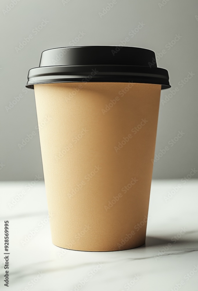 白い背景に黒い蓋のついた茶色の白紙のコーヒーカップのクローズアップ 白い背景に黒い蓋のついた茶色の白紙のコーヒーカップのクローズアップ