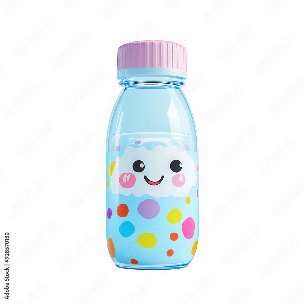 A blue bottle with a cartoon face on it A blue bottle with a cartoon face on it