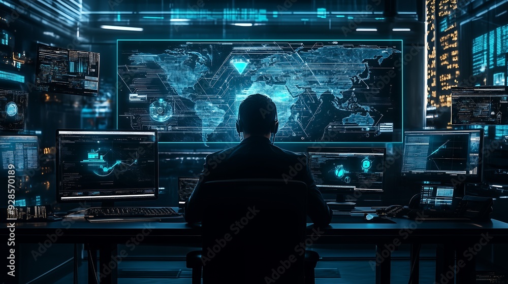 A hacker sits in front of multiple computer screens displaying data and a world map in a dark room. A hacker sits in front of multiple computer screens displaying data and a world map in a dark room.