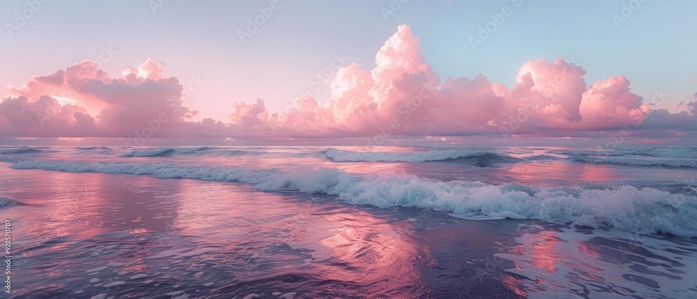 Serene Soft Pink Sunset: Dreamy Clouds over Ocean Horizon Serene Soft Pink Sunset: Dreamy Clouds over Ocean Horizon