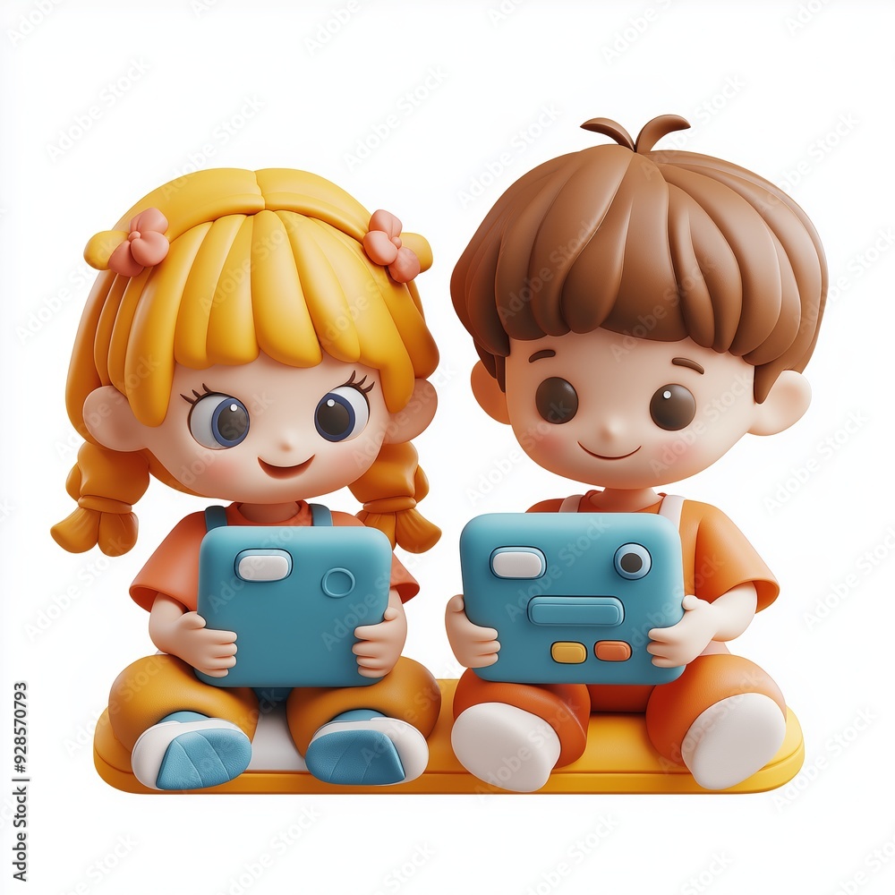 Children using an educational tablet, Cartoon Clay Illustration, School 3D Icon, Isolated on white background Children using an educational tablet, Cartoon Clay Illustration, School 3D Icon, Isolated on white background