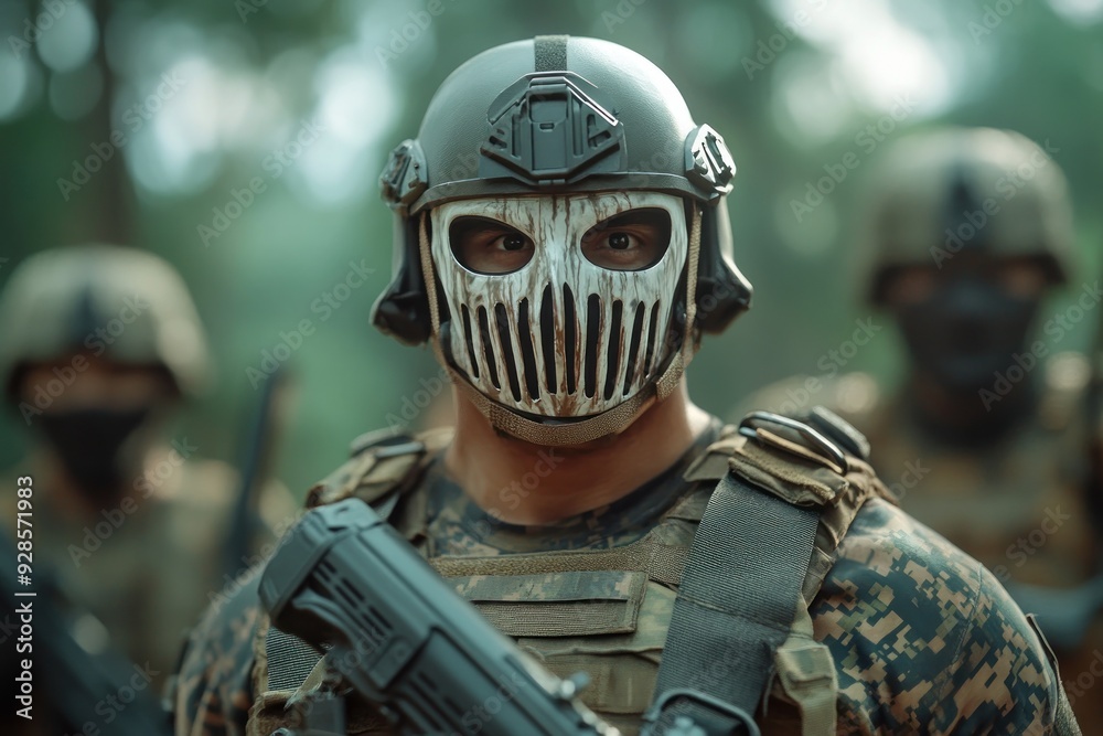 Camouflaged Soldiers Prepare for a Competitive Battle in the Forest with Tactical Masks and Gear, Military Training, Woodland Warfare, Combat Readiness, Tactical Gear, Teamwork, Army, Special Forces Camouflaged Soldiers Prepare for a Competitive Battle in the Forest with Tactical Masks and Gear, Military Training, Woodland Warfare, Combat Readiness, Tactical Gear, Teamwork, Army, Special Forces