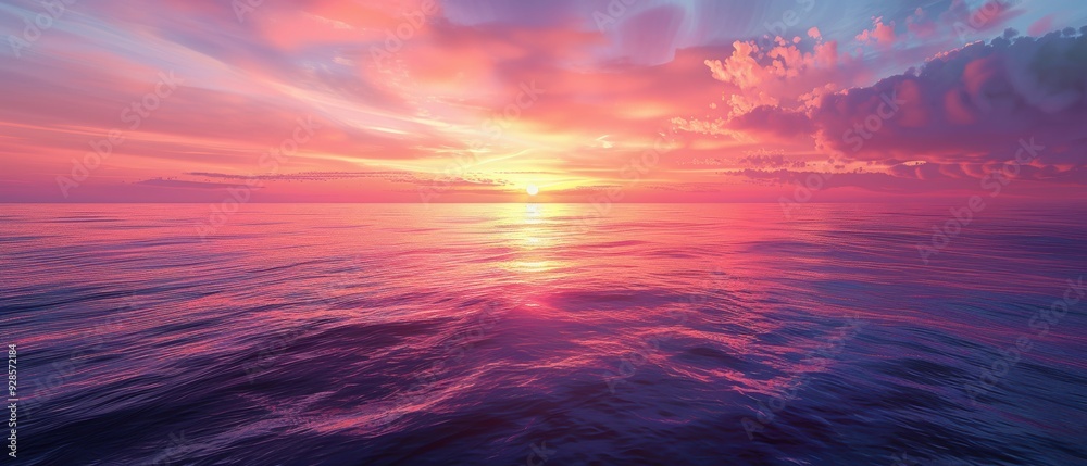 Serene Ocean Sunrise: Majestic Sky with Pink, Orange, and Purple Hues, Peaceful Reflection on Calm Waters, High-