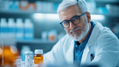 A confident scientist in a lab, surrounded by various bottles, showcasing dedication to research and innovation in healthcare.