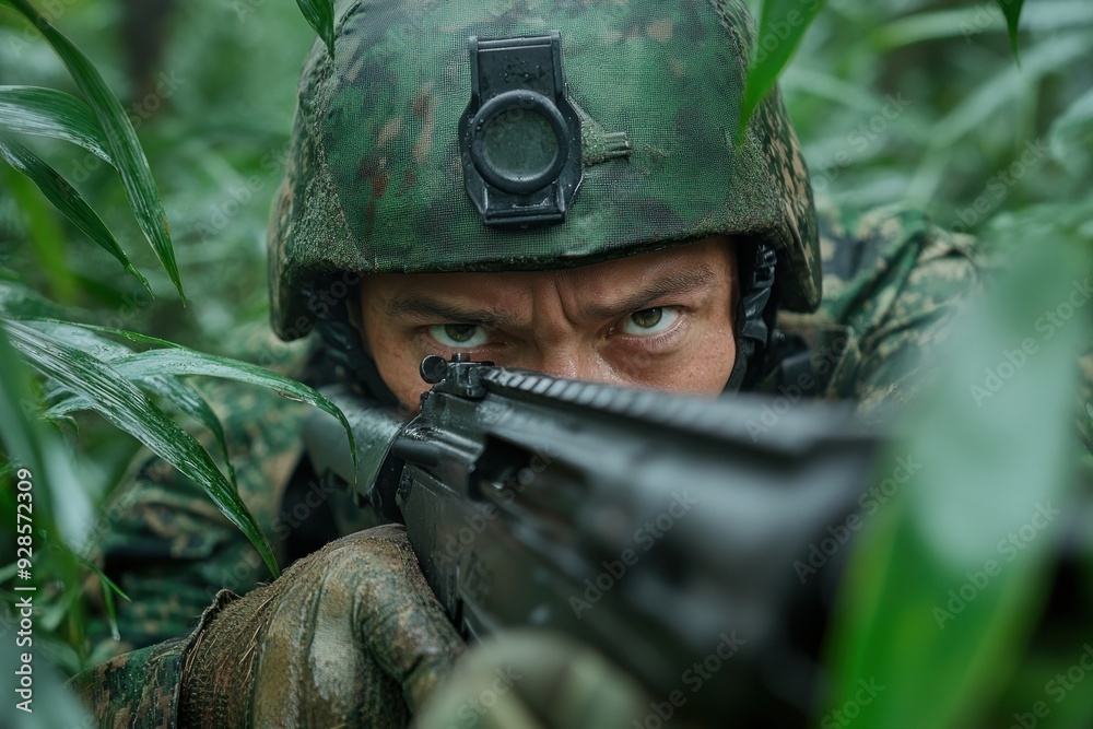Military Training A Close-Up View of a Soldier's Face as They Prepare for a Surprise Attack in the Dense Forest The Soldier's Eyes are Focused and Determined as They Aim Their Rifle Through the Thick Military Training A Close-Up View of a Soldier's Face as They Prepare for a Surprise Attack in the Dense Forest The Soldier's Eyes are Focused and Determined as They Aim Their Rifle Through the Thick