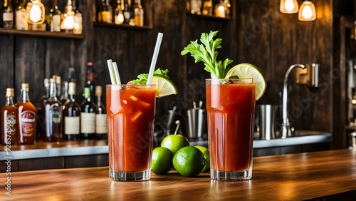 Bloody Mary Cocktail. Bloody or virgin mary cocktail served in a cup with celery sticks and cherry tomatoes.