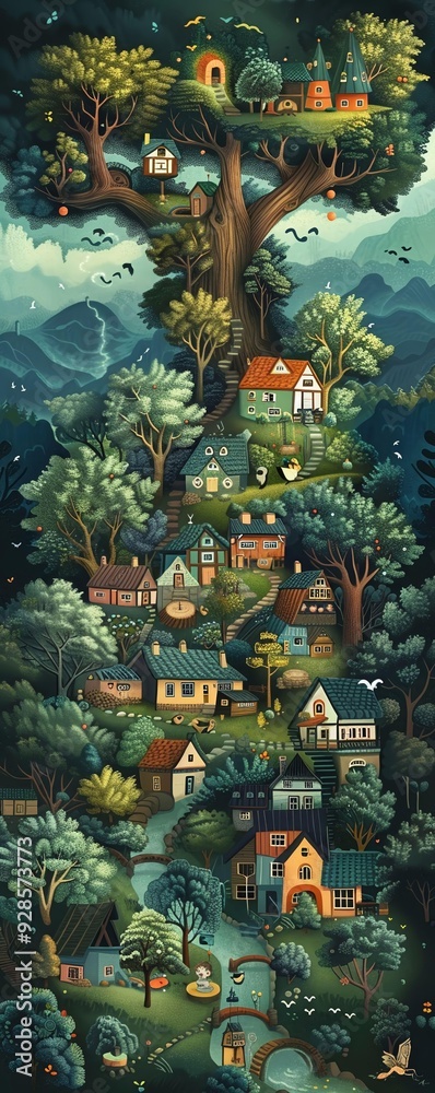 Fototapeta premium A beautifully detailed depiction of a whimsical village built amidst a colossal tree, complete with charming houses, winding staircases, lush greenery, and fantastical elements. The scene 