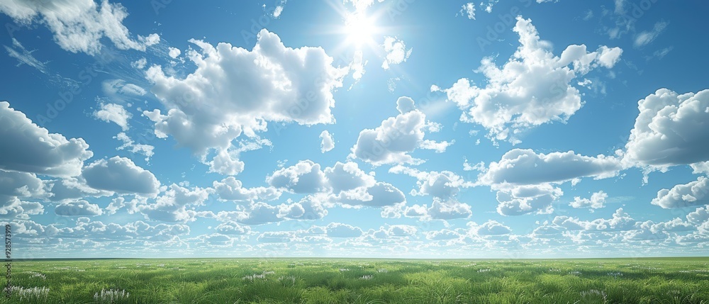 Fototapeta premium Sunny Midday Sky with White Clouds: Cheerful and Uplifting High- Image