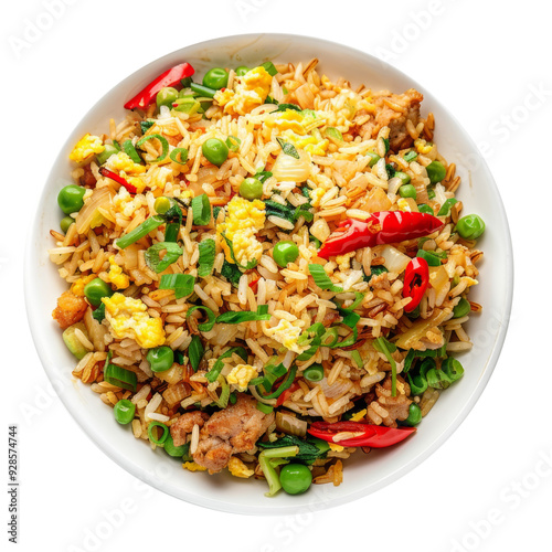 Bowl of savory fried rice with vegetables and meat.