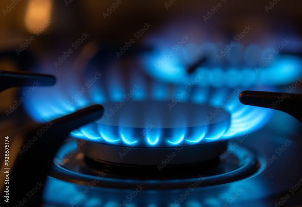 A burner on a gas stove with blue flame. A burner on a gas stove with blue flame.