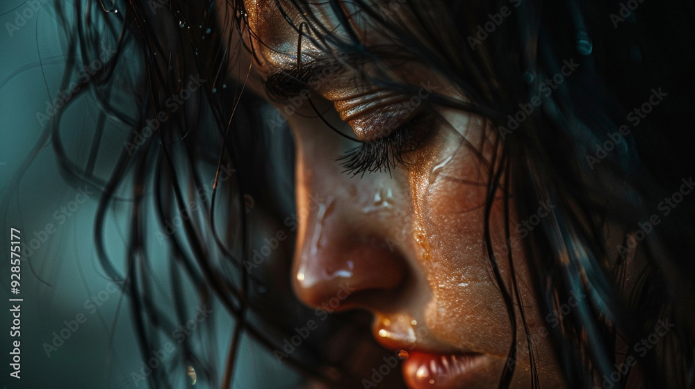 Close-up of a tear rolling down someone's cheek during an emotional moment Close-up of a tear rolling down someone's cheek during an emotional moment