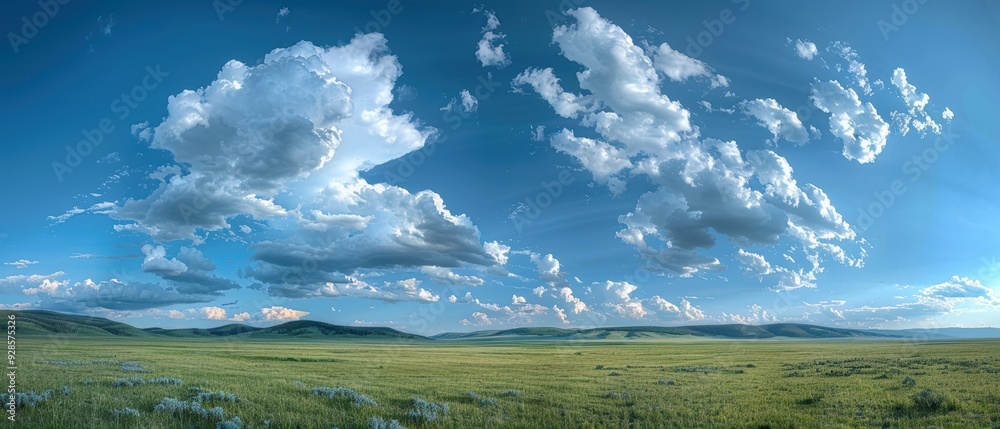 Tranquil Landscape with Fluffy Clouds Floating over a Vibrant Green Meadow Tranquil Landscape with Fluffy Clouds Floating over a Vibrant Green Meadow