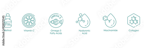 Retinol, Vitamin C, Omega-3 Fatty Acids, Hyaluronic Acid, Niacinamide, and Collagen Vector Illustration Icon Set