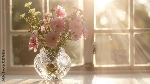 A close-up of a crystal vase filled with fresh flowers, placed on a windowsill with light streaming through