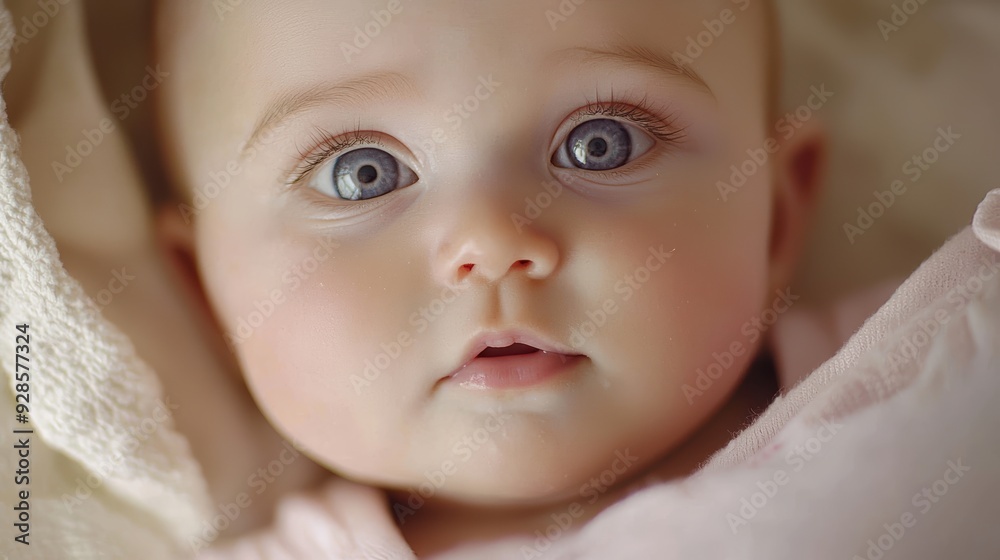 A close up of baby with large blue eyes, displaying curious and innocent expression. soft lighting enhances babys delicate features. A close up of baby with large blue eyes, displaying curious and innocent expression. soft lighting enhances babys delicate features.