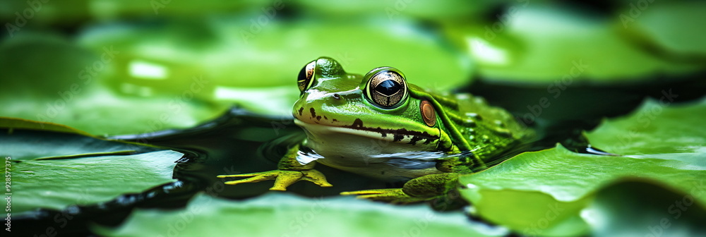 head of a frog looks out of the water head of a frog looks out of the water