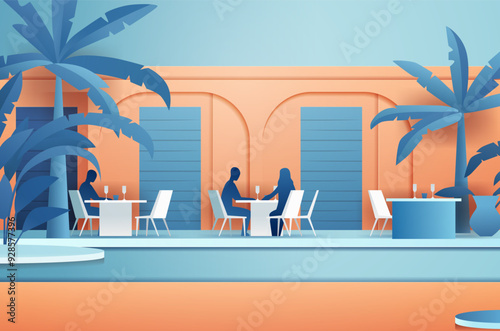 Outdoor cafe scene with people dining tropical palms and modern architecture in blue and orange tones paper cut style
