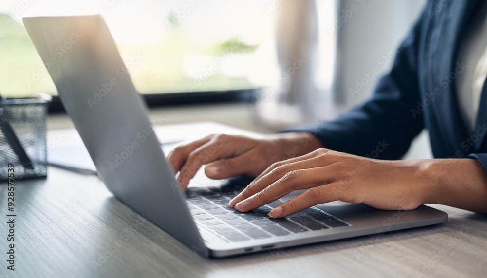 Business Woman's Hand on Laptop Keyboard: Surfing the Internet and Working Online Business Woman's Hand on Laptop Keyboard: Surfing the Internet and Working Online