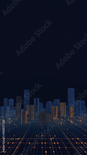 The artwork depicts an abstract city skyline illuminated by glowing lines and dots, incorporating elements of a digital equalizer in blue and red hues
