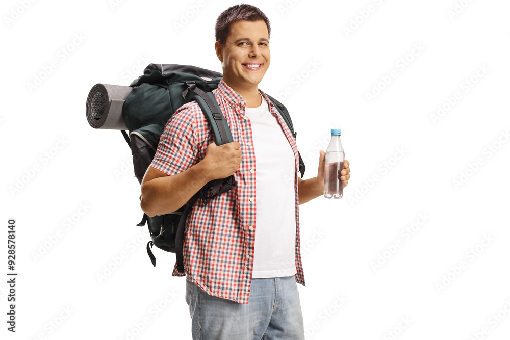 Male tourist with a backpack holding a bittle of water Male tourist with a backpack holding a bittle of water