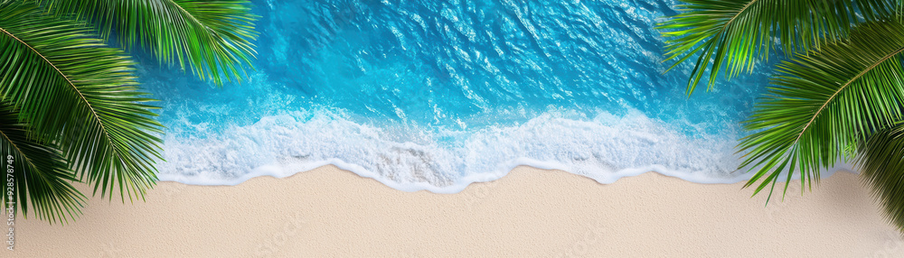 Aerial view of a serene tropical beach with turquoise waves, sandy shores, and lush palm fronds framing the scene, perfect for vacation themes. Aerial view of a serene tropical beach with turquoise waves, sandy shores, and lush palm fronds framing the scene, perfect for vacation themes.